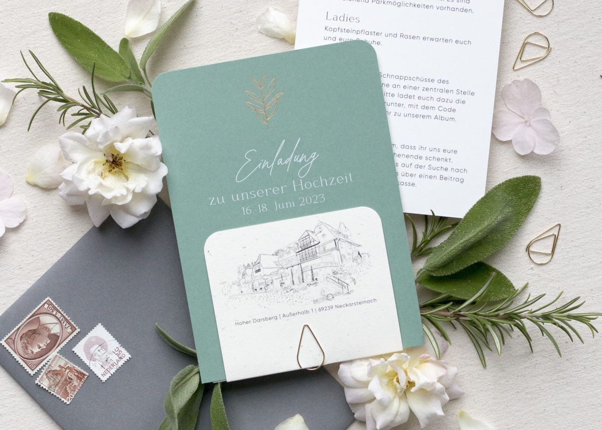Hochzeitseinladung mit gezeichneter Location und Heißfolienprägung